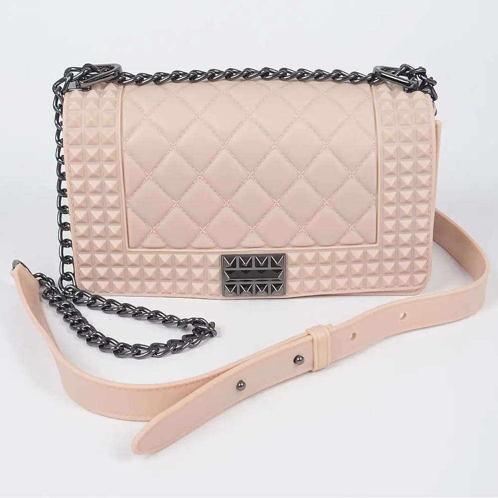 Blush Studded Monotone Clutch – Quilted Design with Chain Strap